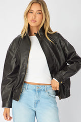 Black Bomber Jacket Washed Faux Leather
