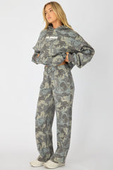 Green Print Track Pants Wide Leg
