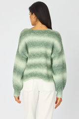Green Abstract Ombre Stripe Knit Sweater Boat Neck