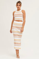 Stripe High Waist Side Split Knit Midi Skirt