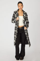 Brown Check Belted Coat Knee Length Long Sleeve