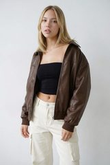 Brown Bomber Jacket Faux Leather