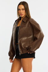 Brown Bomber Jacket Faux Leather