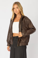 Brown Bomber Jacket Washed Faux Leather