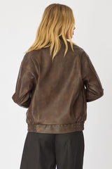 Brown Bomber Jacket Washed Faux Leather
