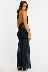 Blue Maxi Skirt High Waisted Fit & Flare Burnout