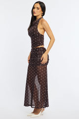 Brown Polka Dot Maxi Skirt Elastic Waist Gathered Fit & Flare Mesh