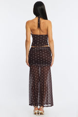 Brown Polka Dot Maxi Skirt Elastic Waist Gathered Fit & Flare Mesh