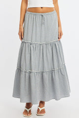 Blue Check Tiered Maxi Skirt Elastic Waist Lined