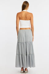Blue Check Tiered Maxi Skirt Elastic Waist Lined