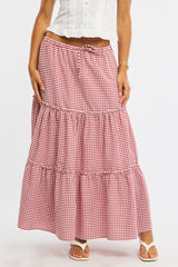 Red Check Tiered Maxi Skirt Elastic Waist Lined