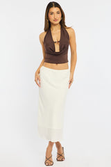 White Midi Skirt Mid Rise Chiffon Lined