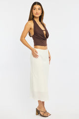 White Midi Skirt Mid Rise Chiffon Lined