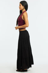 Black Midi Skirt Tiered High Rise Lined Textured Cotton