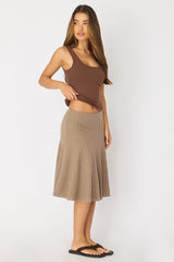 Brown Midi Skirt Elastic Waist Jacquard Rib Knit Lined
