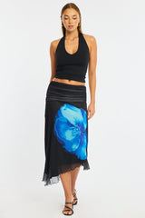 Blue Floral Scarf Hem Midi Skirt Elastic Waist Placement Print