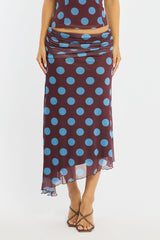 Brown Polka Dot Scarf Hem Midi Skirt Elastic Waist