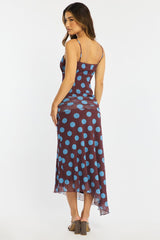 Brown Polka Dot Scarf Hem Midi Skirt Elastic Waist
