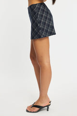 Blue Check Mini Skort Skirt Mid Rise A-line Shorts Lined