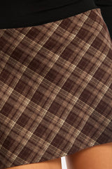 Brown Check Mini Skort Skirt Mid Rise A-line Shorts Lined