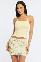 Yellow Sequins Mini Skirt Mid Rise Lined