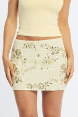Yellow Sequins Mini Skirt Mid Rise Lined
