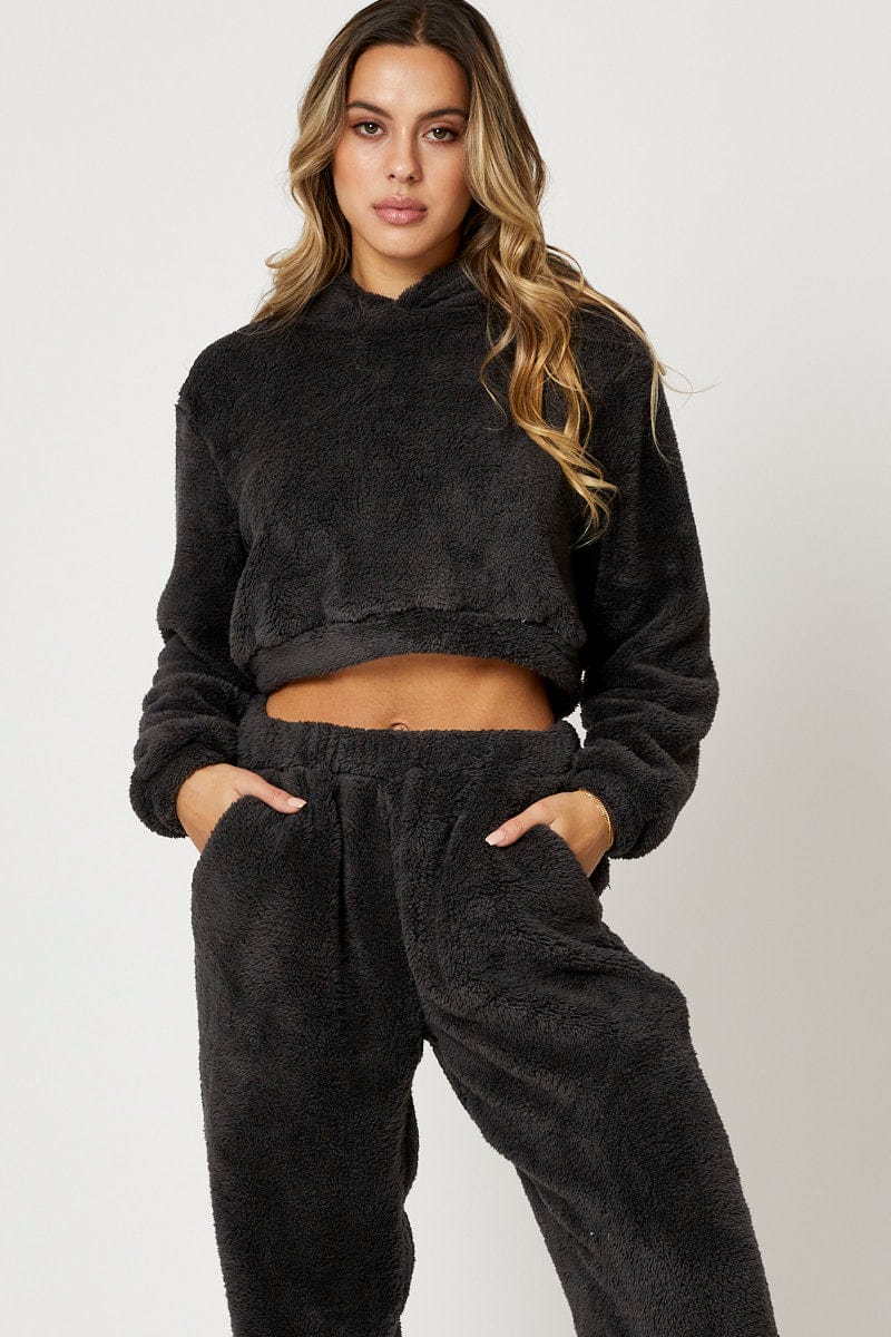 CHARCOAL Teddy Hoodie Top