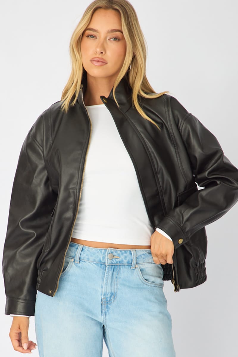Black Bomber Jacket Washed Faux Leather
