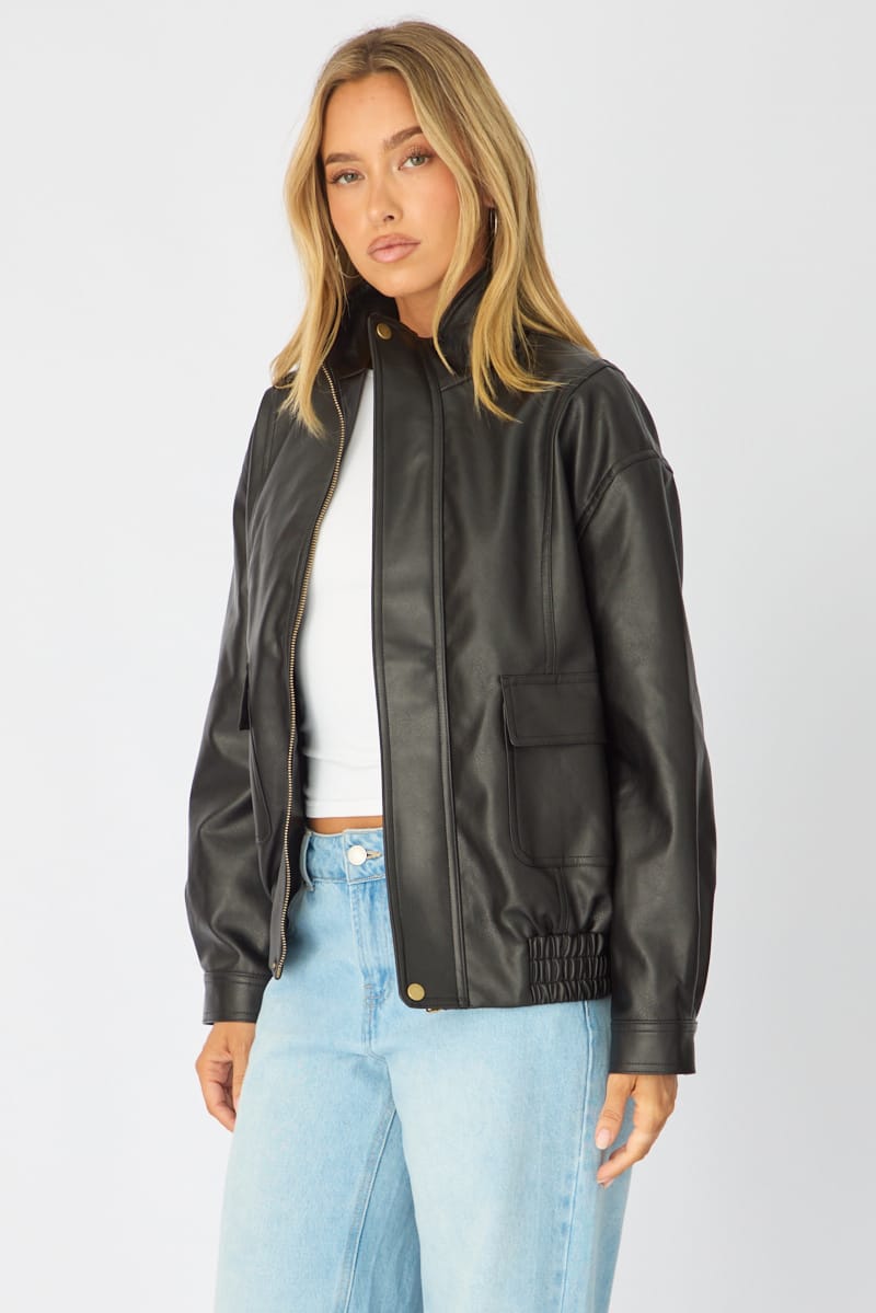 Black Bomber Jacket Washed Faux Leather