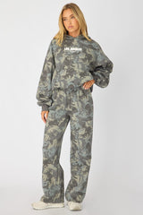 Green Print Track Pants Wide Leg