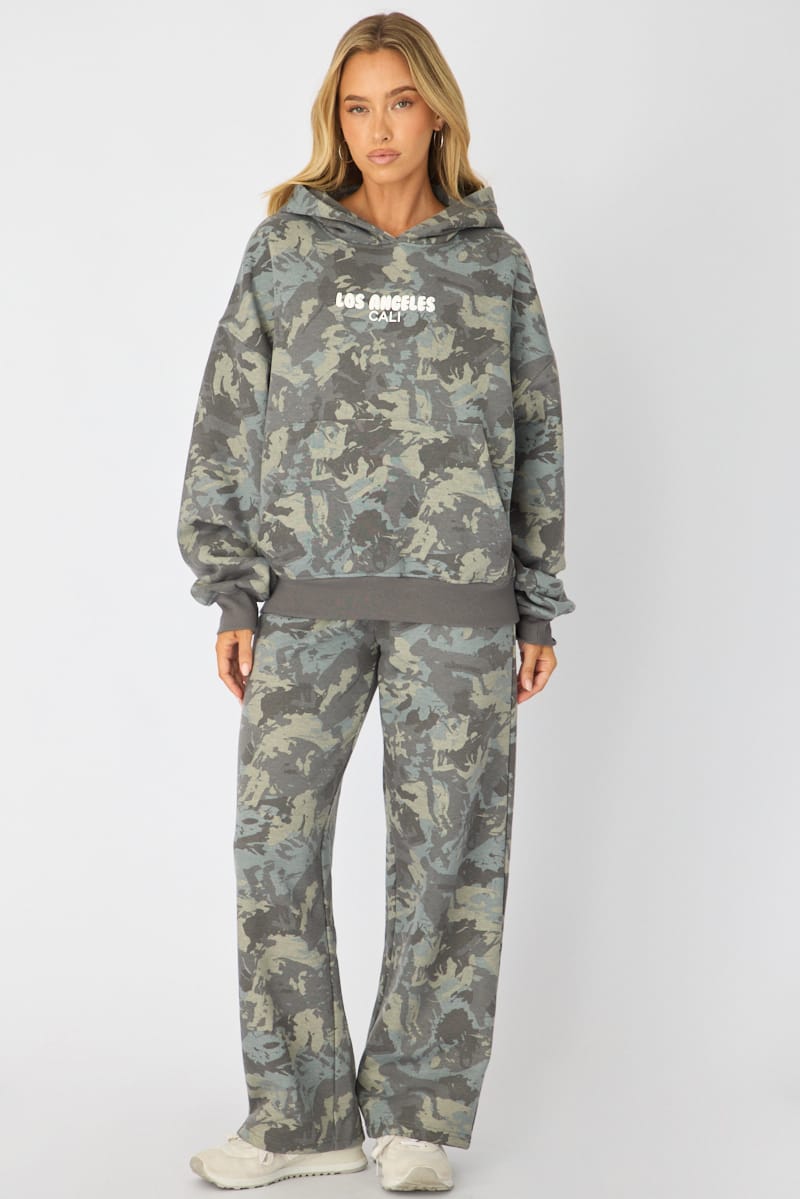 Green Print Track Pants Wide Leg