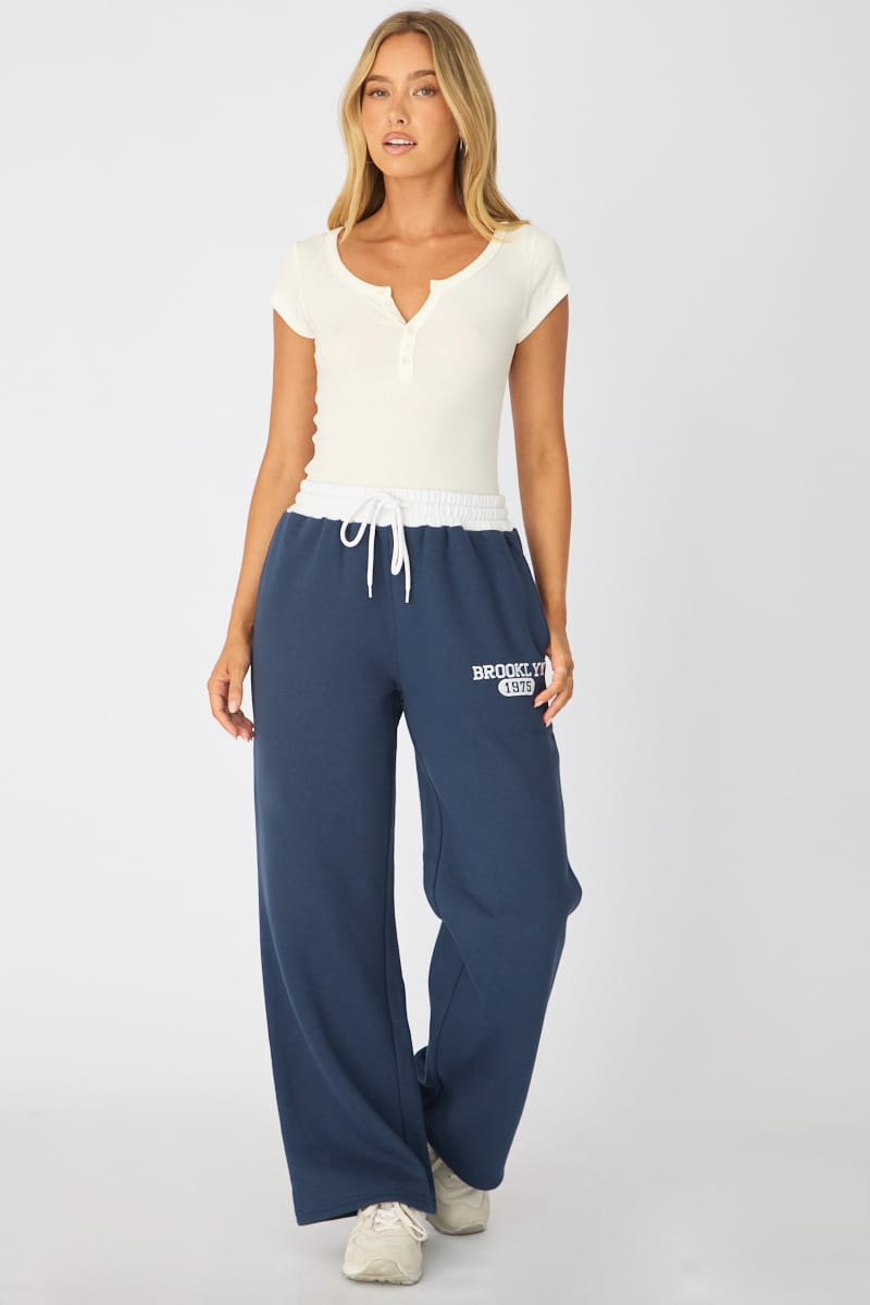 Blue Track Pants Contrast Waist