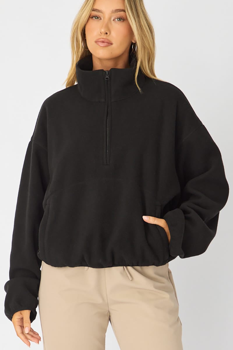 Black Oversized Fit Long Sleeve Fleece Sweater