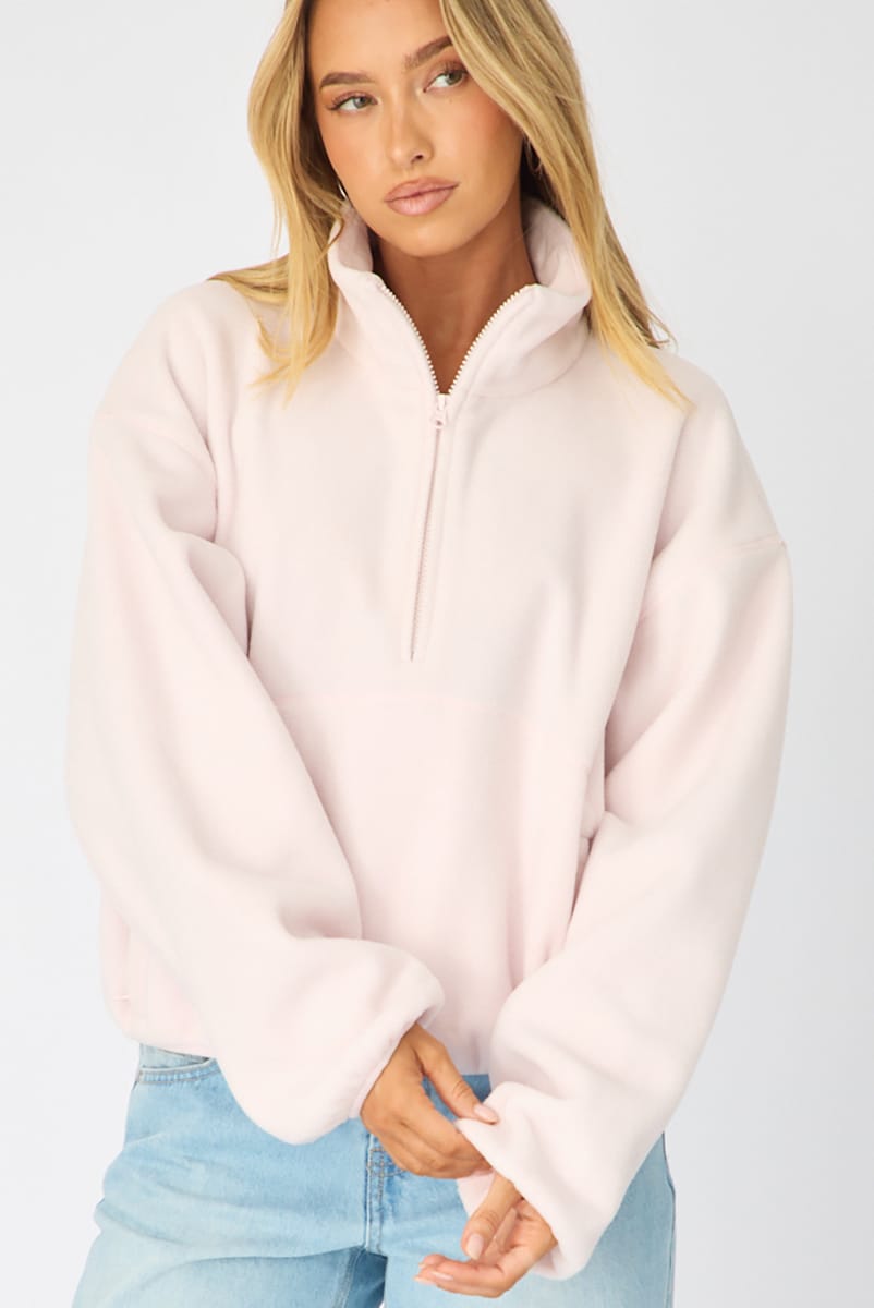 Pink Oversized Fit Long Sleeve Fleece Sweater