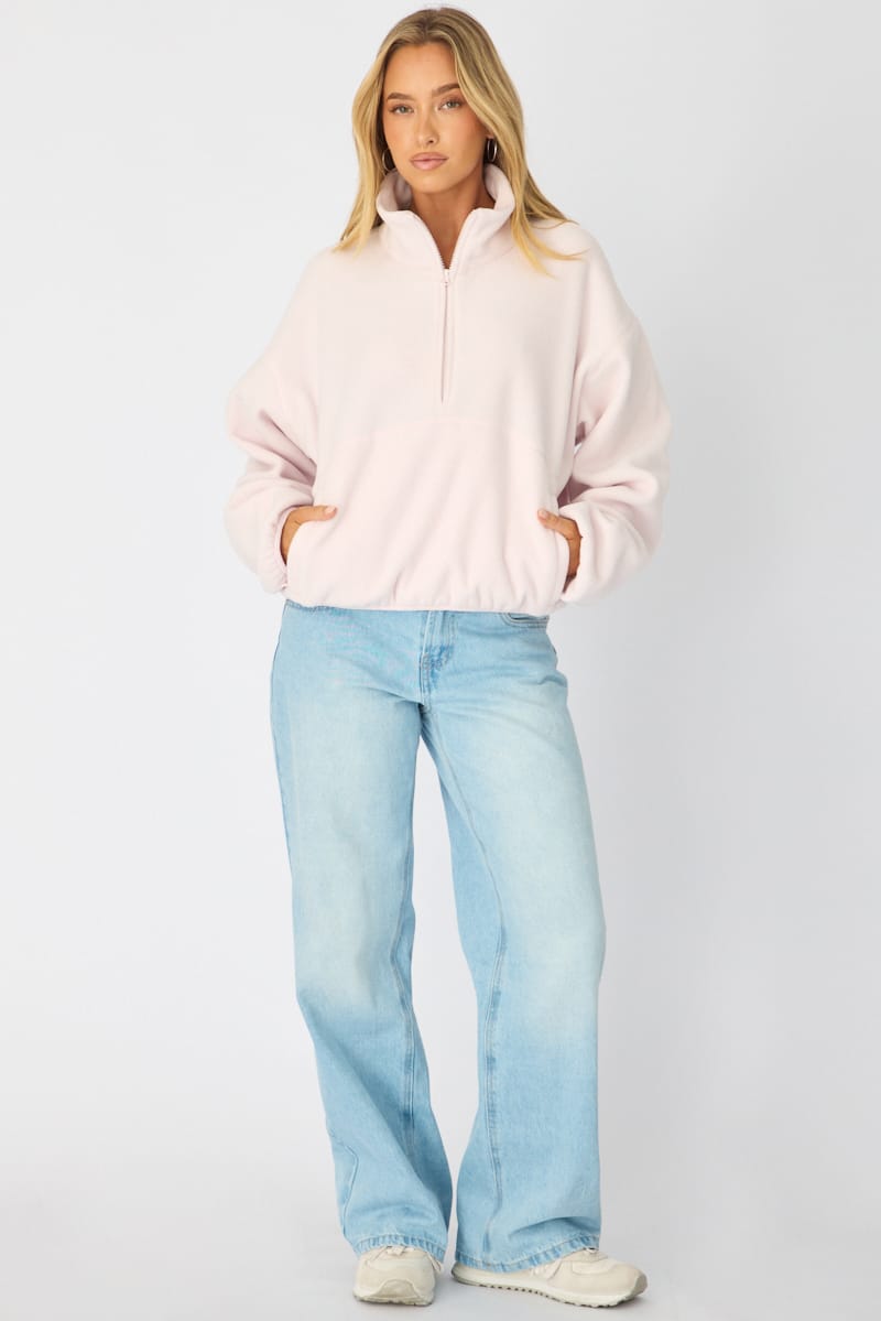 Pink Oversized Fit Long Sleeve Fleece Sweater
