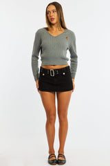 Grey Cable Knit Sweater Top Teddy Bear Embroidery