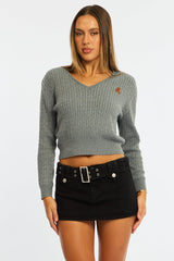 Grey Cable Knit Sweater Top Teddy Bear Embroidery
