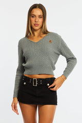 Grey Cable Knit Sweater Top Teddy Bear Embroidery