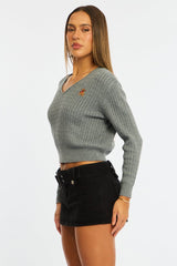 Grey Cable Knit Sweater Top Teddy Bear Embroidery