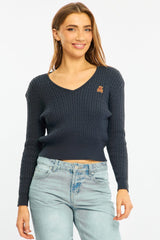 Blue Cable Knit Sweater Top Teddy Bear Embroidery
