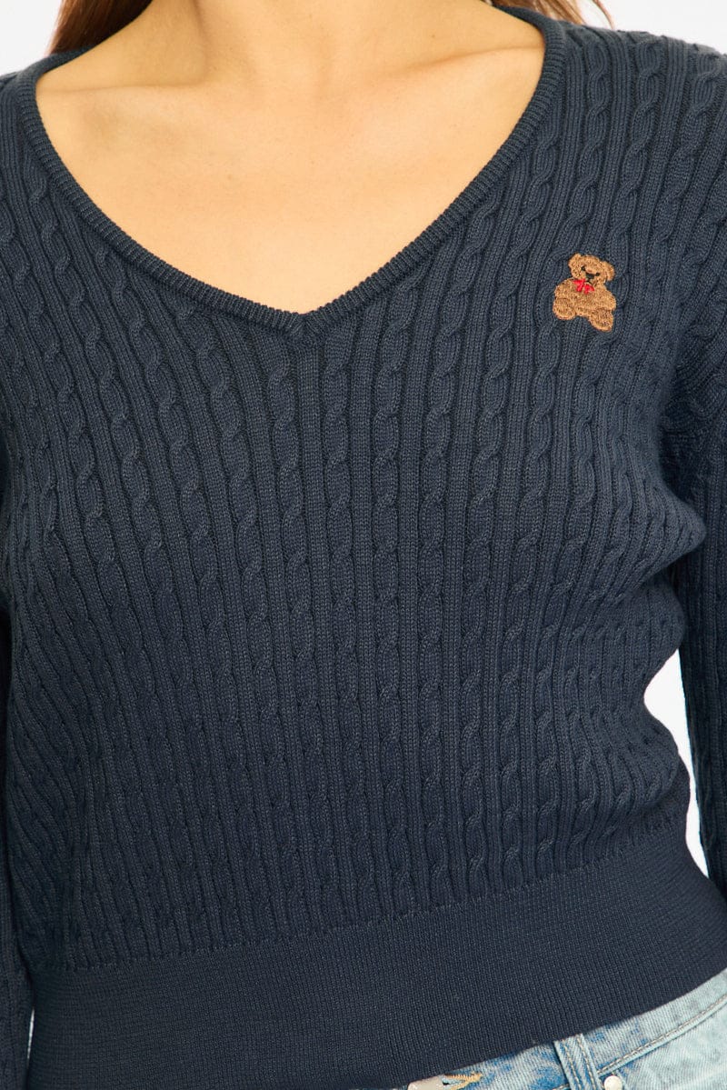 Blue Cable Knit Sweater Top Teddy Bear Embroidery