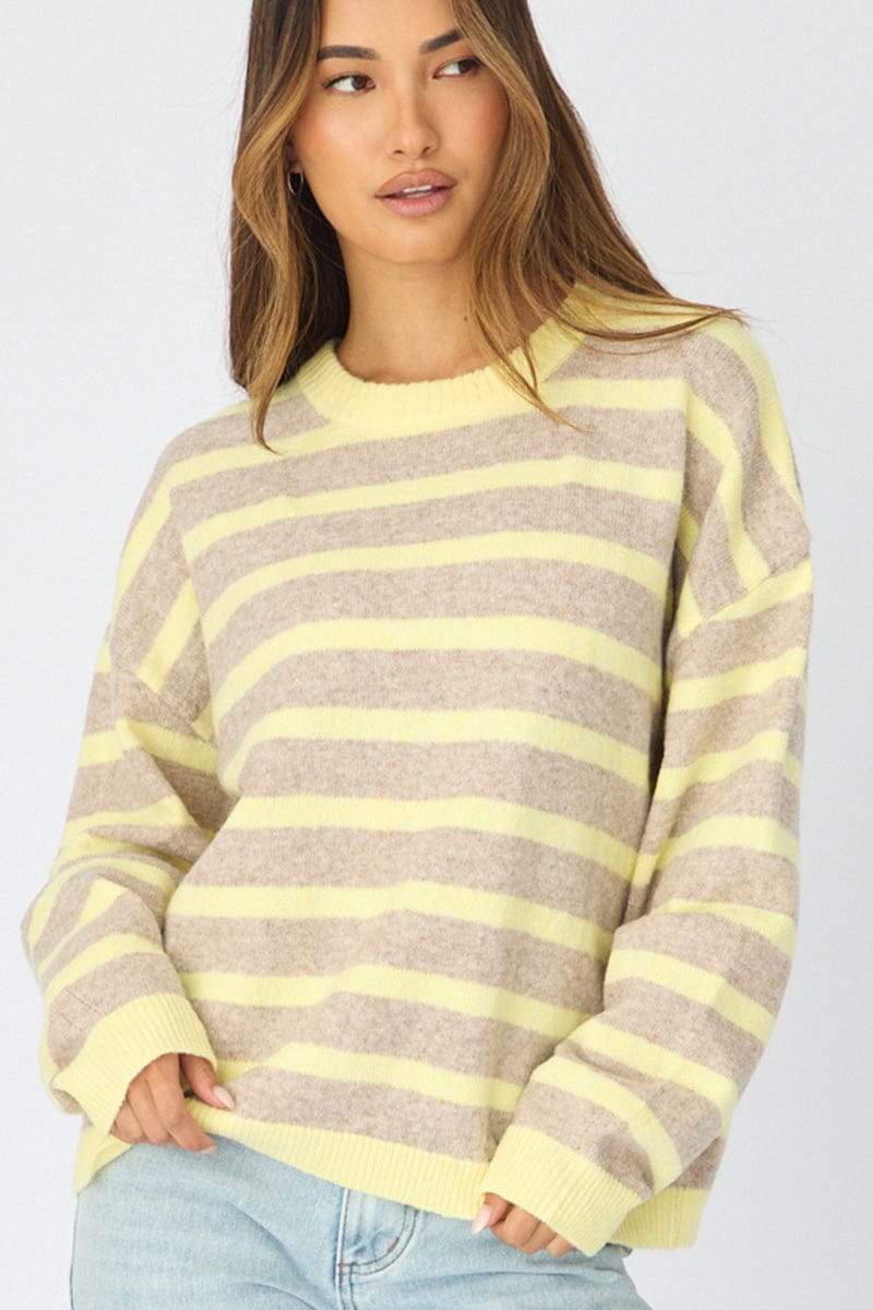 Yellow Stripe Basic Stripe Knit Sweater Oversized