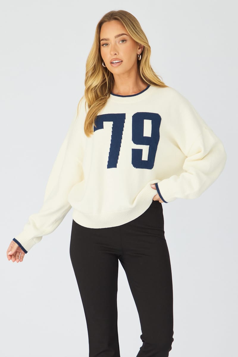 White Number Graphic Knit Sweater