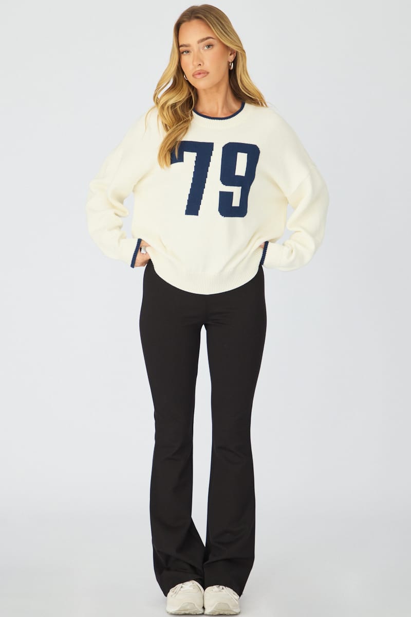 White Number Graphic Knit Sweater