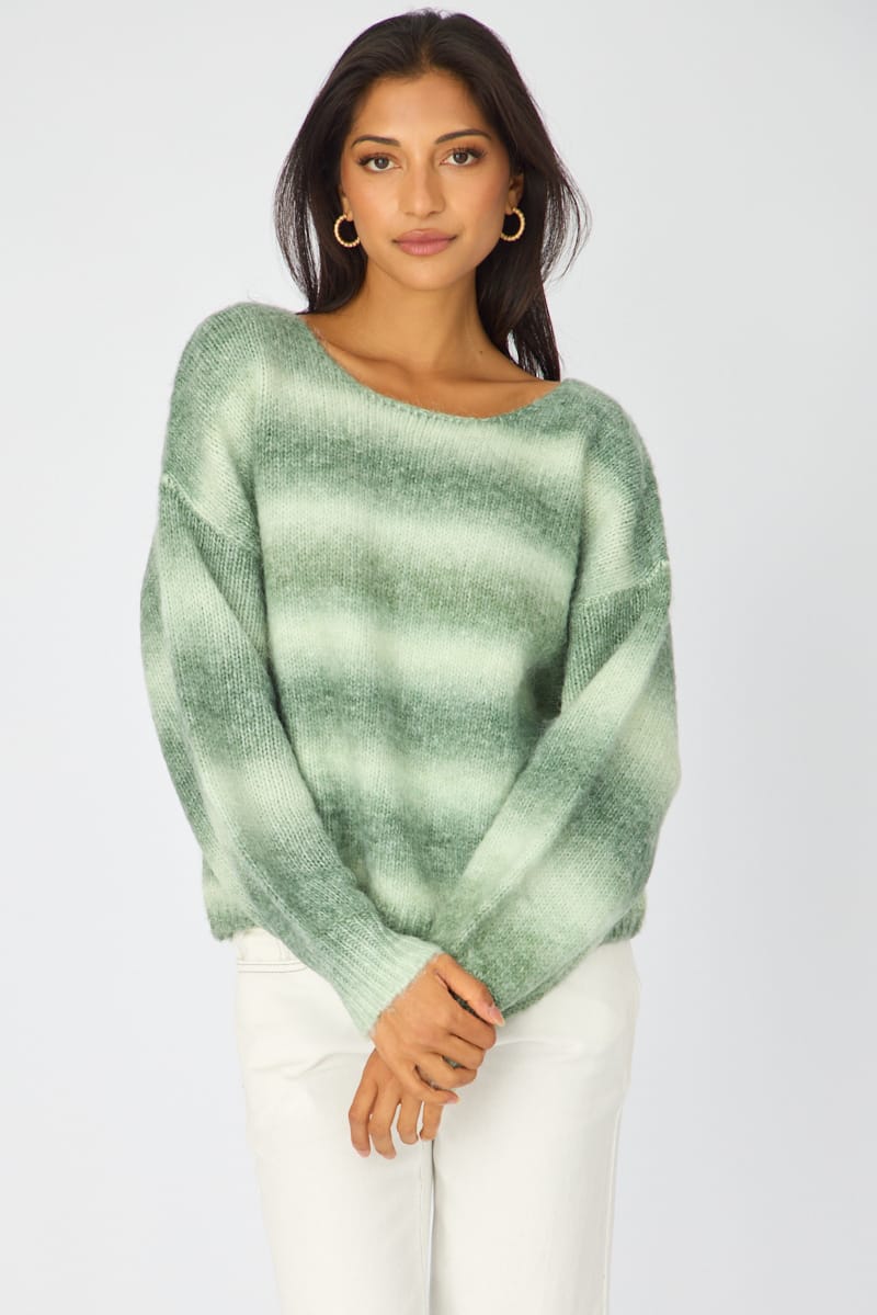 Green Abstract Ombre Stripe Knit Sweater Boat Neck