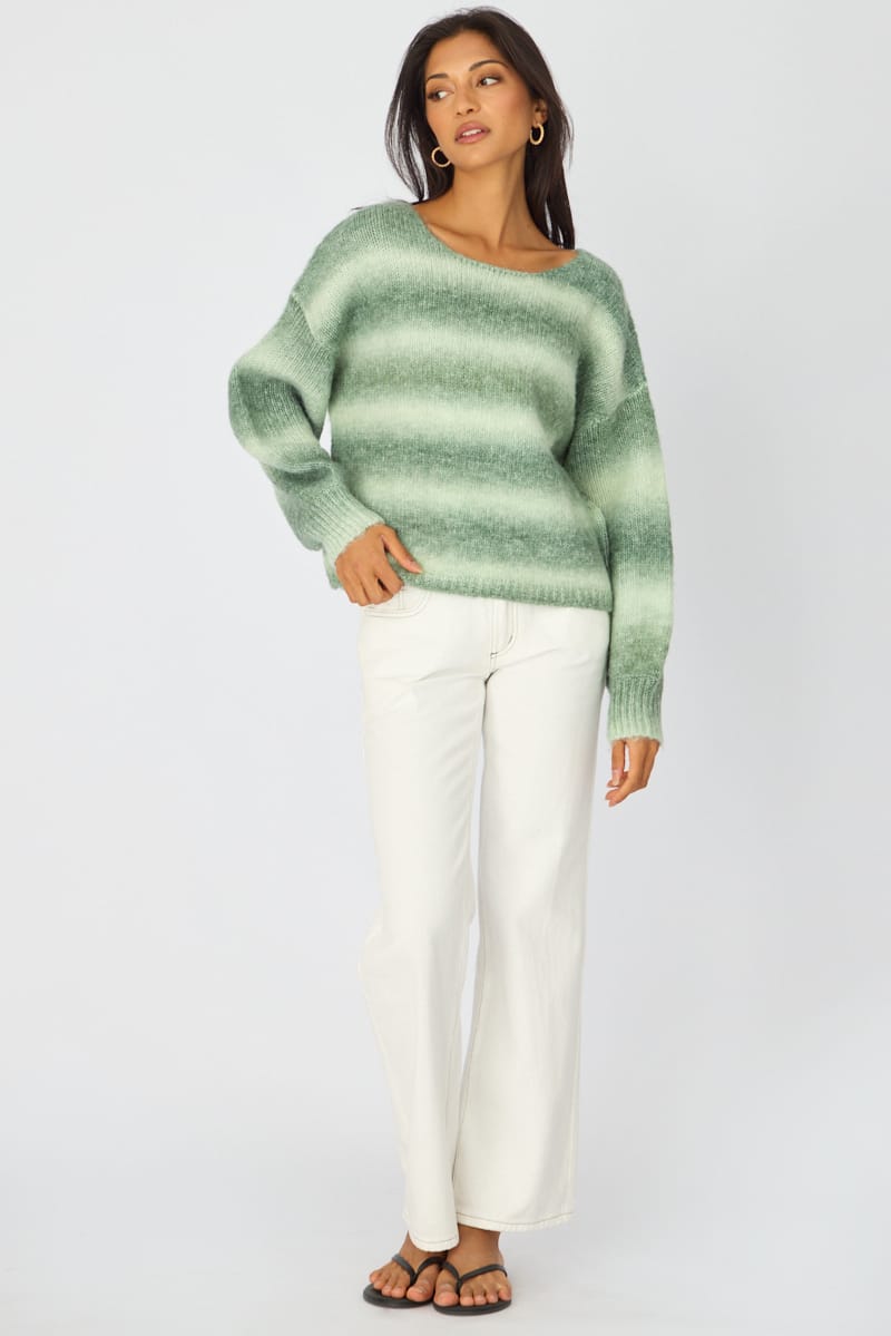 Green Abstract Ombre Stripe Knit Sweater Boat Neck