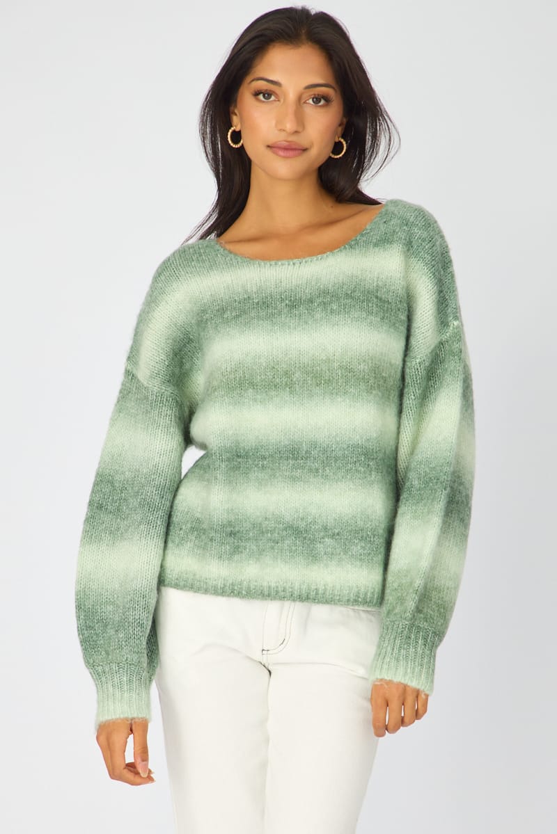 Green Abstract Ombre Stripe Knit Sweater Boat Neck