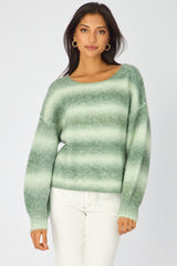 Green Abstract Ombre Stripe Knit Sweater Boat Neck