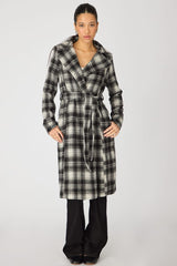 Brown Check Belted Coat Knee Length Long Sleeve