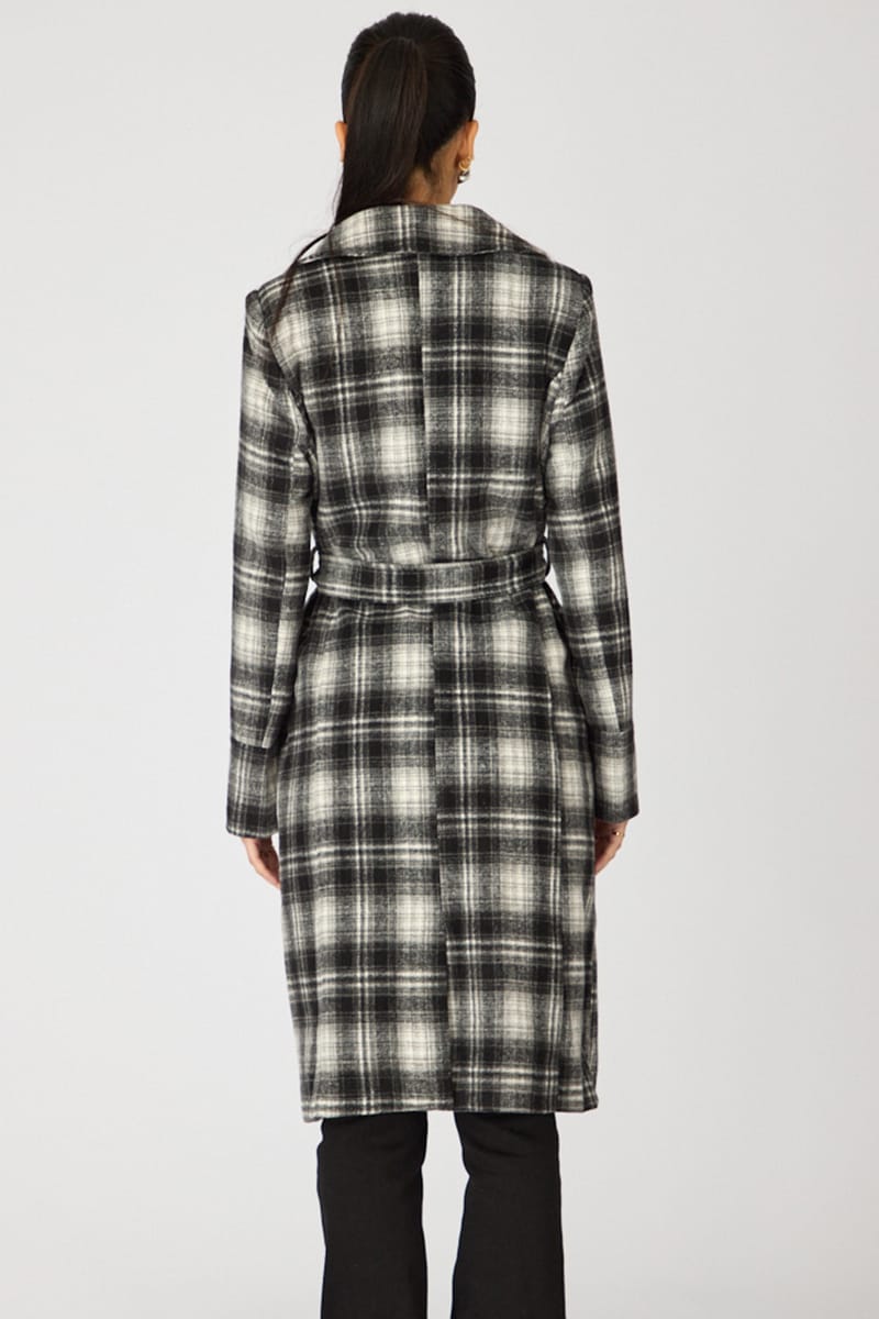 Brown Check Belted Coat Knee Length Long Sleeve